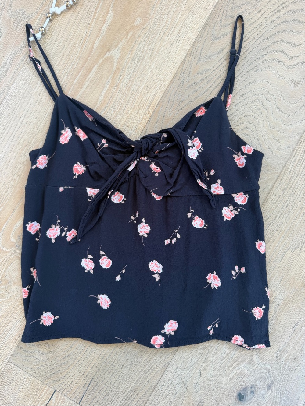 Brandy Melville Black Tank Top with Pink Floral Print and Front Tie